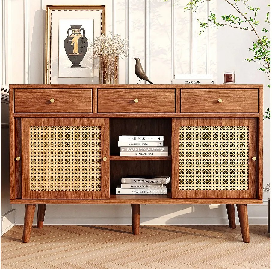 Komoda z 3 drzwiami przesuwnymi i 3 szufladami z płyty MDF - efekt rattanu - kolor orzech