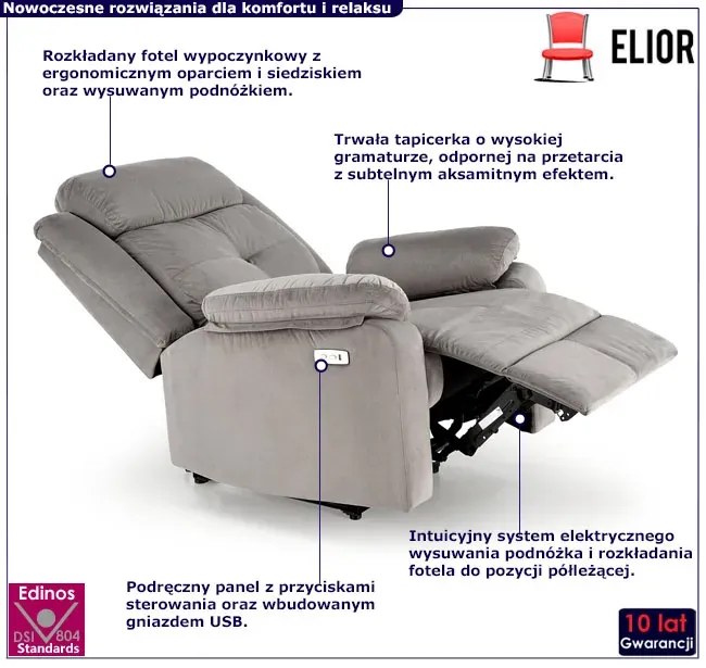 Popielaty elektryczny fotel rozkładany - Anvi