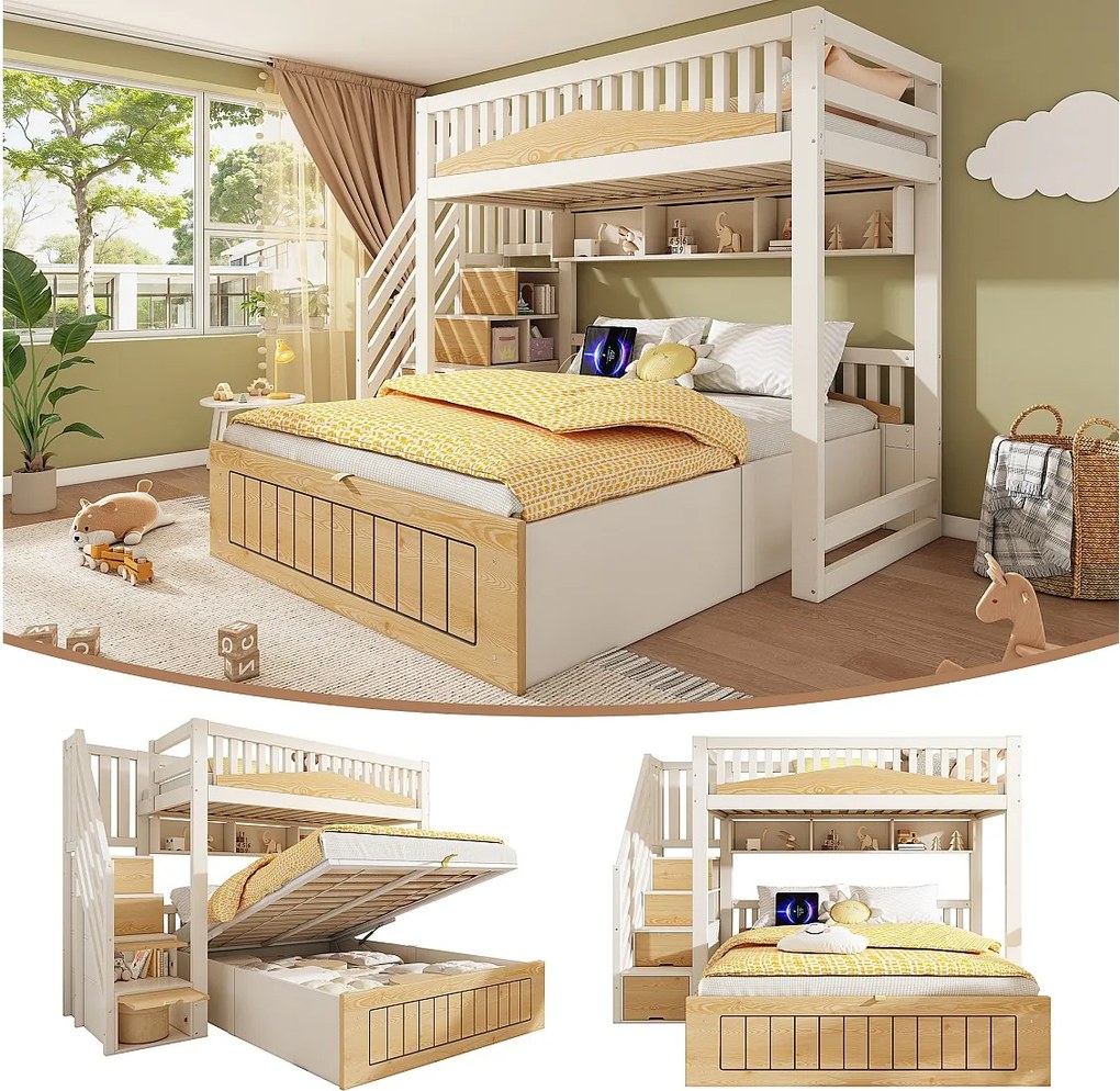 Łóżko piętrowe dla dzieci - 90 x 200 + 140 x 200 cm - ze schowkiem hydraulicznym + drabinka + port USB - drewno + metal - naturalny