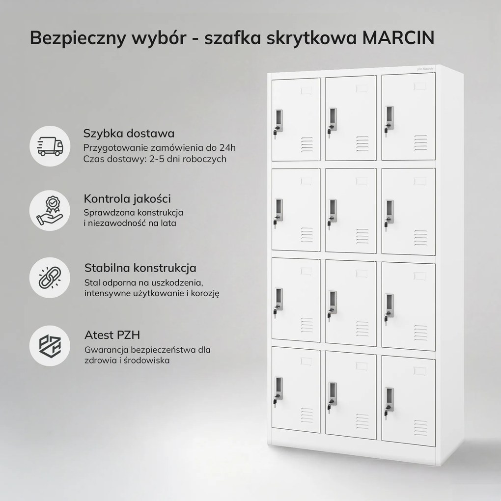Szafka skrytkowa socjalna 12-skrytkowa biała, 900x1850x400 mm: MARCIN