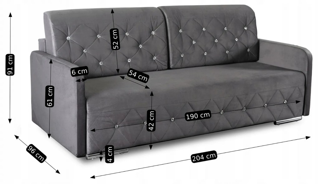 Sofa Rozkładana z Funkcją Spania VIVO Dwuosobowa Szara Glamour do Salonu