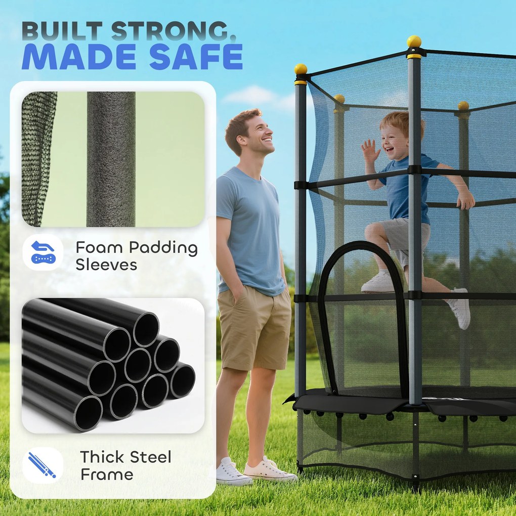 HOMCOM Trampolina dla dzieci, Ø140 cm, z siatką bezpieczeństwa, na zewnątrz i do środka, stal, plastik, do 50 kg, czarna