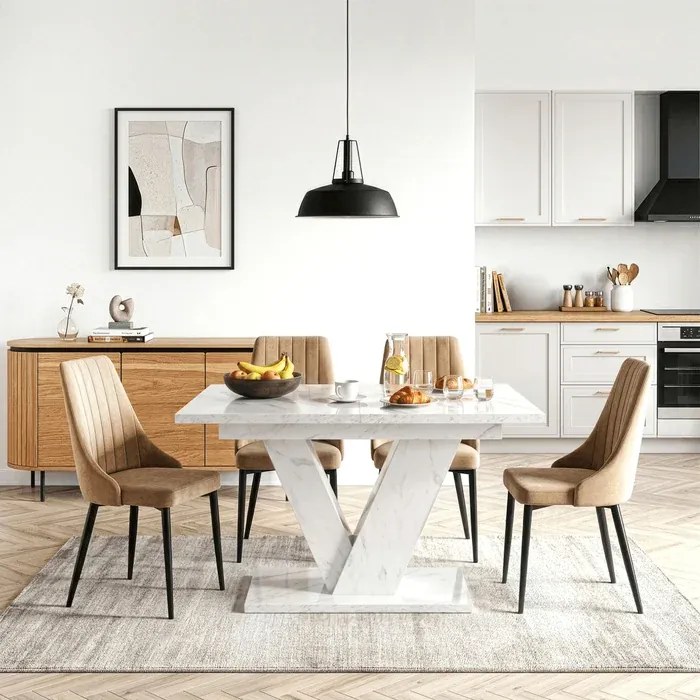 Stół Prostokątny Rozkładany CLARK 120-160 cm Biały Marmur Glamour