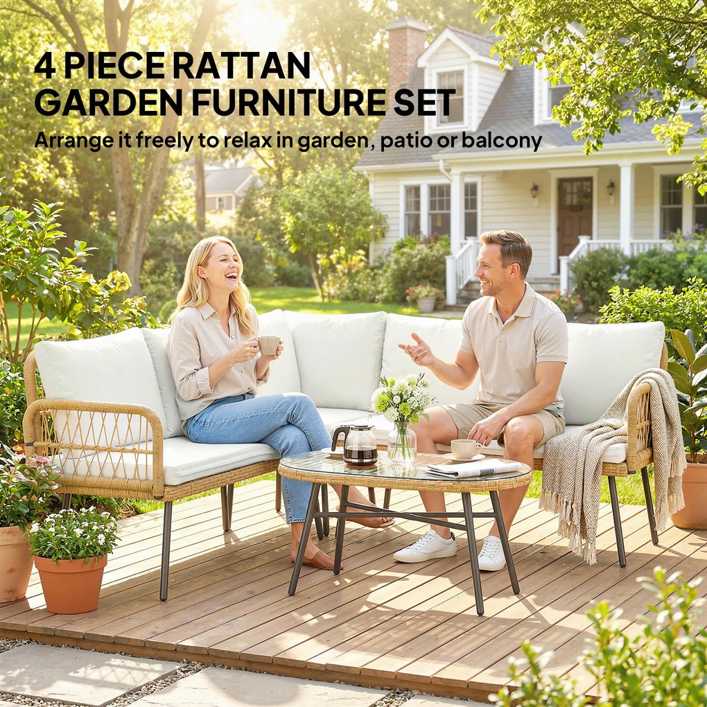 Outsunny 4-częściowy zestaw mebli ogrodowych z rattanu, zestaw z narożnikiem, sofą dwuosobową i stolikiem ze szkła, poduszki dla 5 osób | Aosom PL