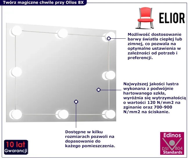 Nowoczesne prostokątne lustro z oświetleniem LED 80x60 cm - Ollos 8X