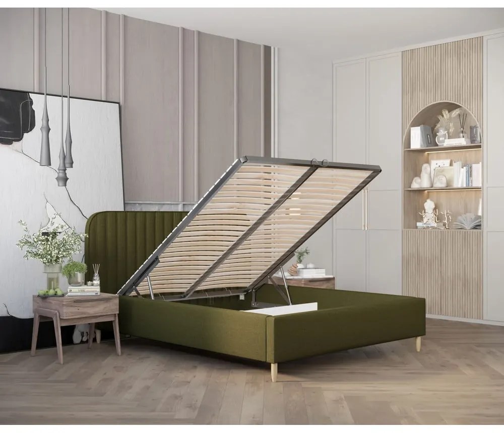 Zielone tapicerowane łóżko jednoosobowe ze schowkiem ze stelażem 120x200 cm Noto – Maison de Rêve
