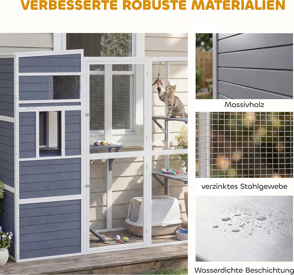 PawHut Klatka dla kotów na zewnątrz Domek dla kotów z drewna z 3 platformami, odpornym na warunki atmosferyczne dachem i miejscem do odpoczynku dla 3-4 kotów do 10 kg, Szary | Aosom PL