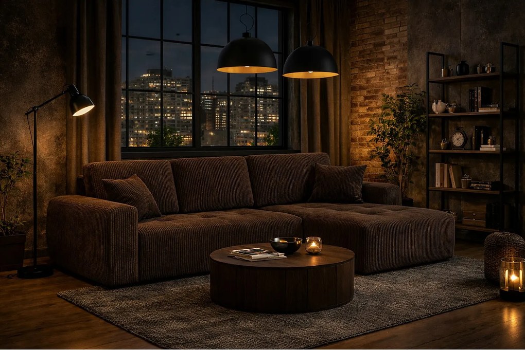 Narożnik w kształcie L z funkcją spania i pojemnikiem Ivo L, tkanina sztruksowa Poso, Brązowy, Prawy