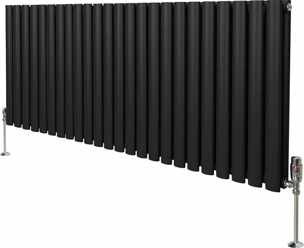 Grzejnik kolumnowy owalny i zawory - 600 mm x 1440 mm - czarny