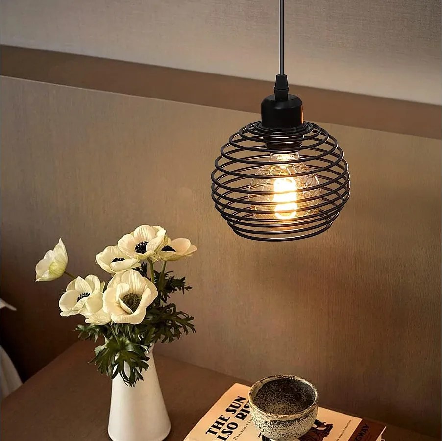 NETTLIFE Lampa wisząca E27 czarna średnica 15cm Vintage metalowa konstrukcja sprężynowa z gniazdem i przełącznikiem retro do kuchni w salonie maks. 40W