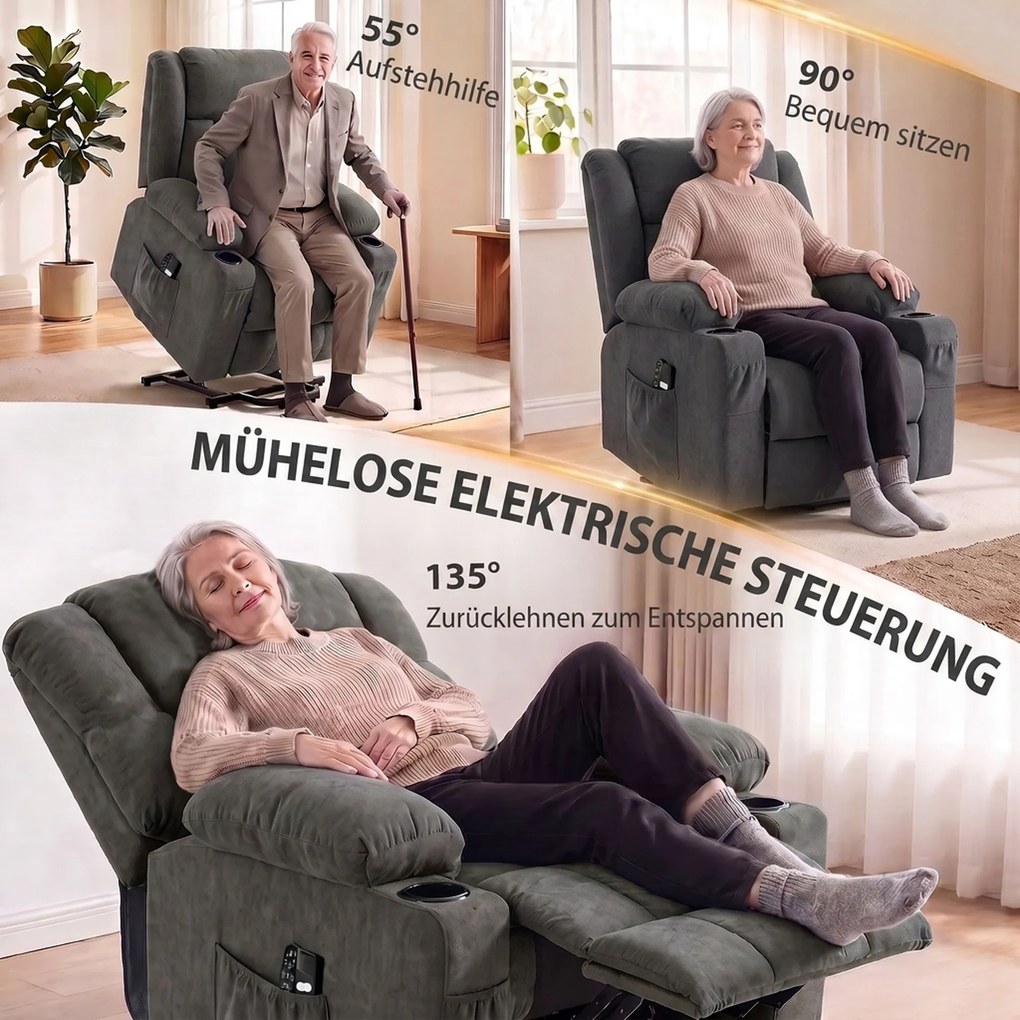 HOMCOM Fotel relaksacyjny z dwoma silnikami i elektryczną funkcją podnoszenia, fotel podnoszący 55° dla seniorów, masaż i ogrzewanie, Ciemnoszary | Aosom PL
