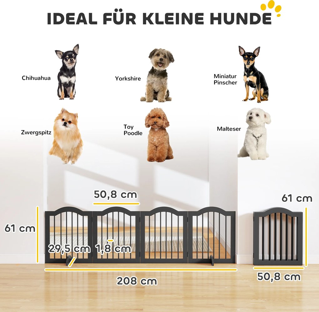 PawHut Bramka dla psa Wolnostojąca osłona z nóżkami, Składana bramka, 4 panele, 208 x 29,5 x 61 cm, Czarny