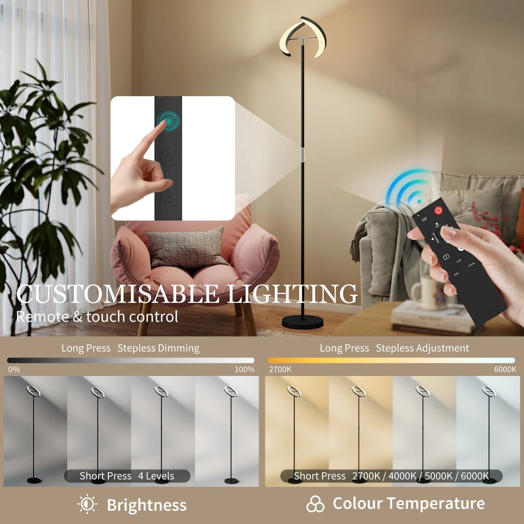 HOMCOM Lampa stojąca RGB, ściemniana z wielobarwnymi możliwościami oświetlenia, obrotowa, czarna