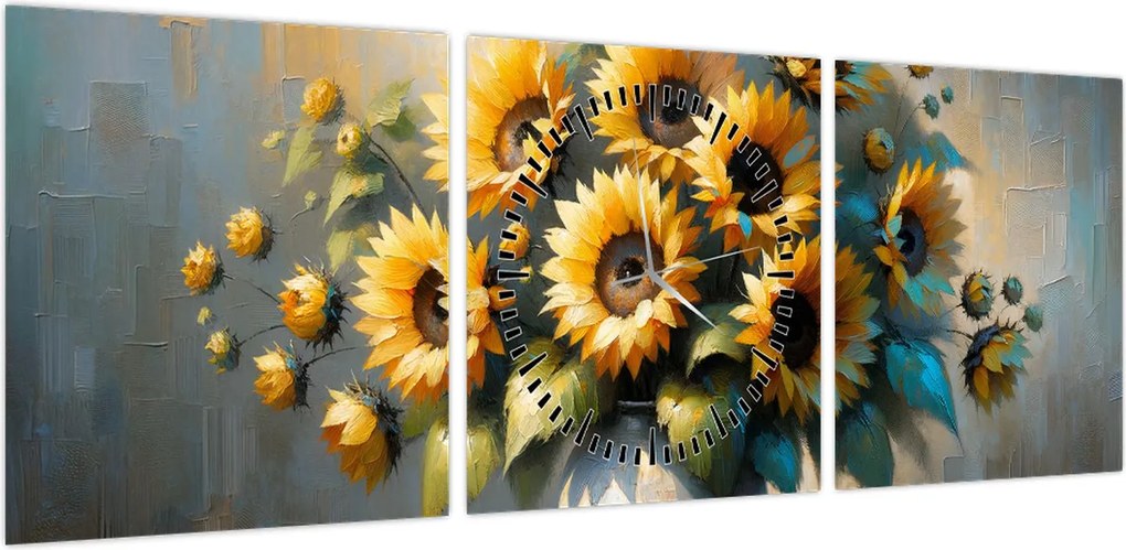 Obraz – Wazon ze słonecznikami (z zegarem) (90x30 cm)