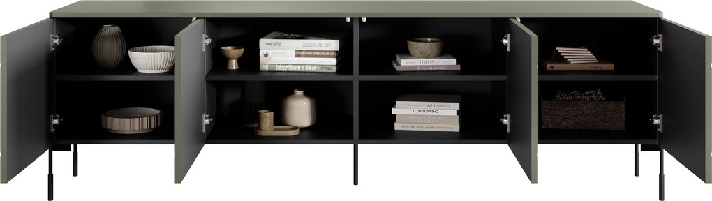 Szafka RTV Sonatia 200 cm czterodrzwiowa na metalowych nogach - oliwka