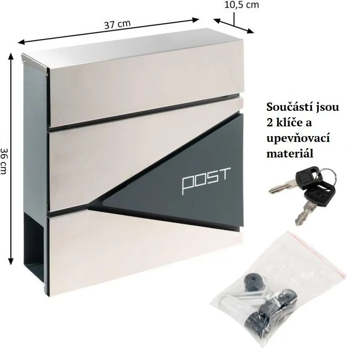 Skrzynka na listy z przegrodą na gazety, srebrna, 2 klucze