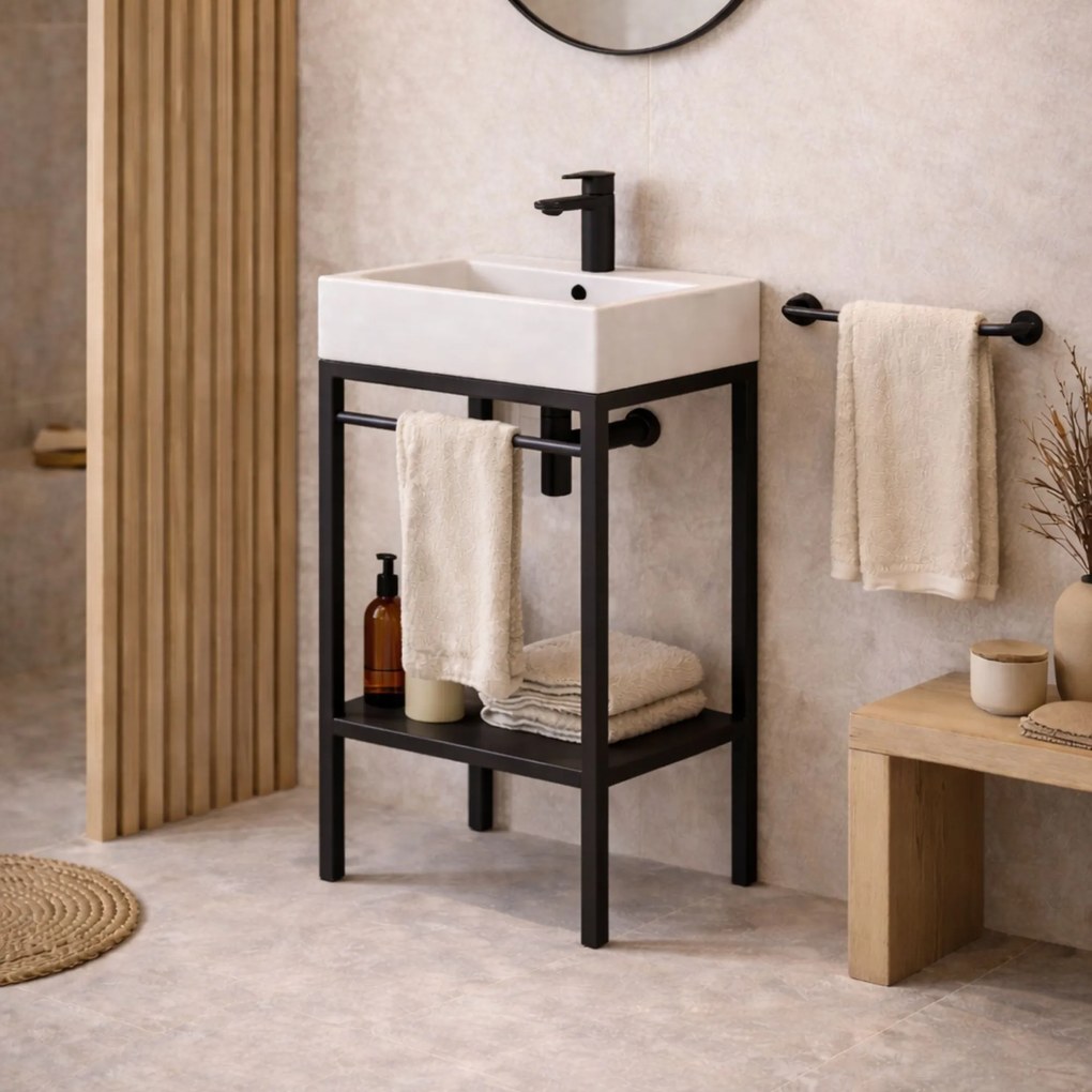 Zestaw umywalka z konglomeratu NAVI 50 x 45 cm + stojąca konsola NAVI Step | Różne kolory | Różne rozmiary : Kolor - Czarny, Otwór na baterię - Bez otworów, Rozmiar - 100 x 45 cm