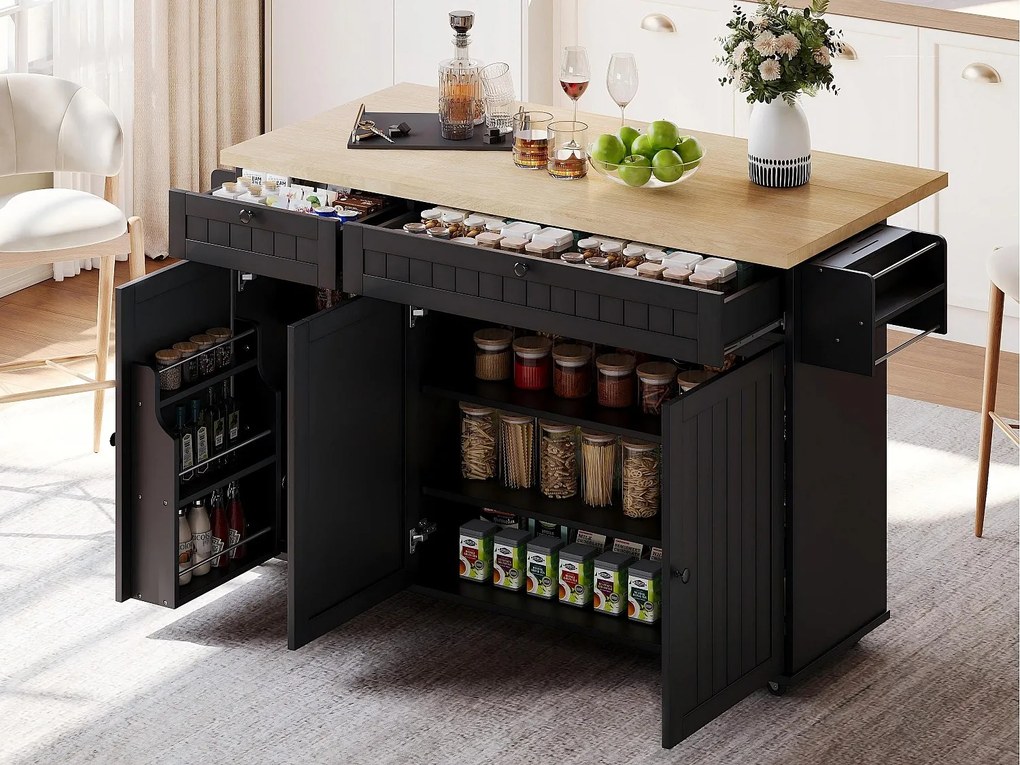 Mobilna wyspa kuchenna - rozsuwana blata - z blokowanymi kółkami - z 2 szufladami i 3 drzwiami - MDF - Czarny