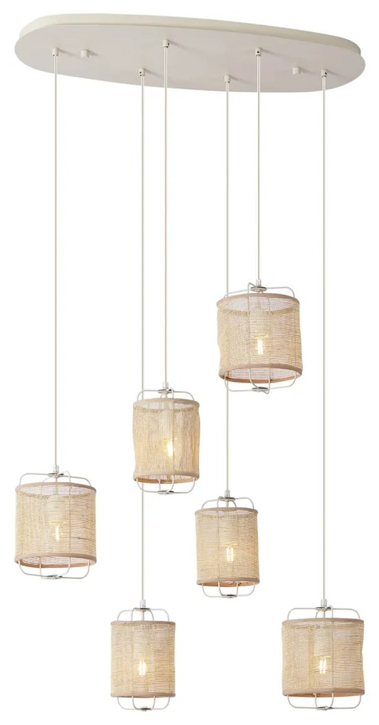 Lampa wisząca Japandi beżowa z materiałowymi kloszami 6-punktowa - Yente