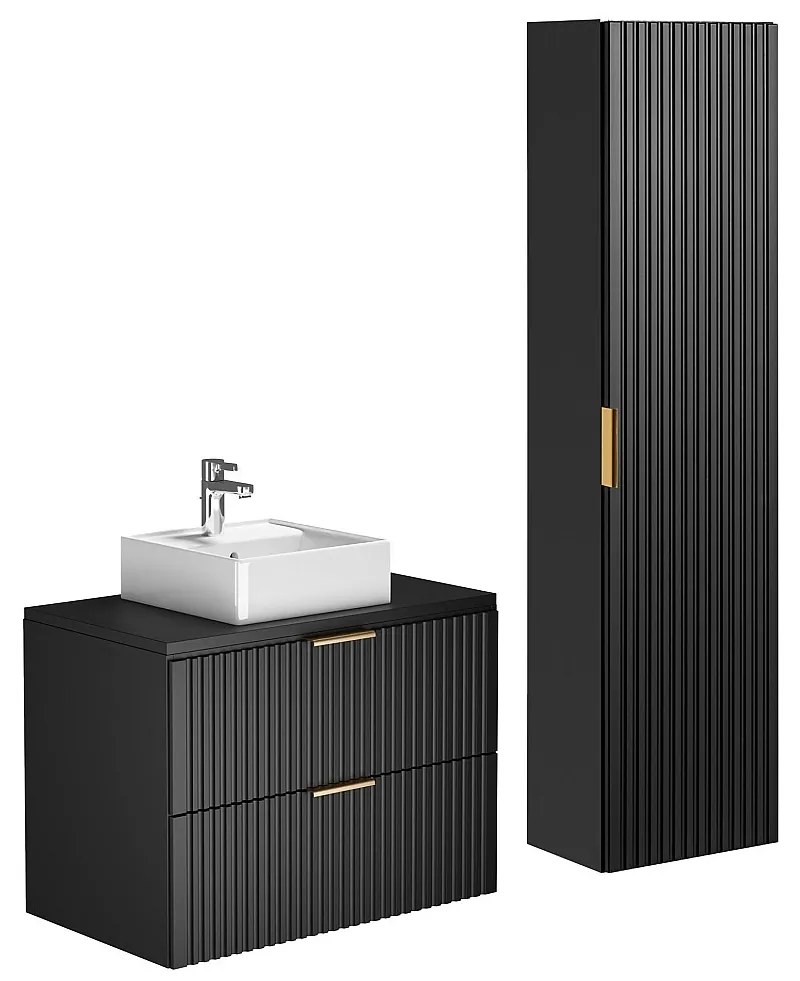 Szafka łazienkowa wisząca  ryflowana z umywalką nablatową i słupkiem - Czarny - 80 cm - ZEVARA
