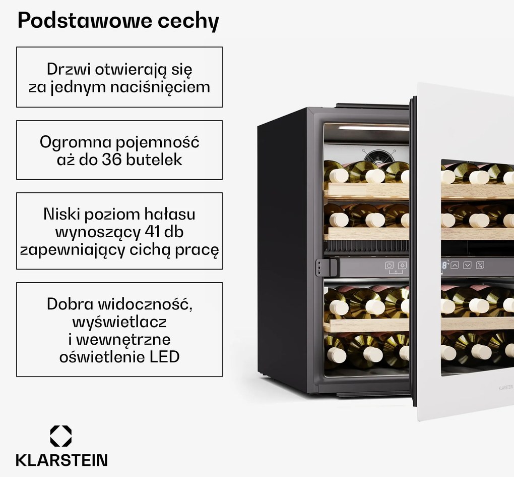 Klarstein Rhone 59cm 36 Butelek Winiarka do Zabudowy Dwustrefowa Biały