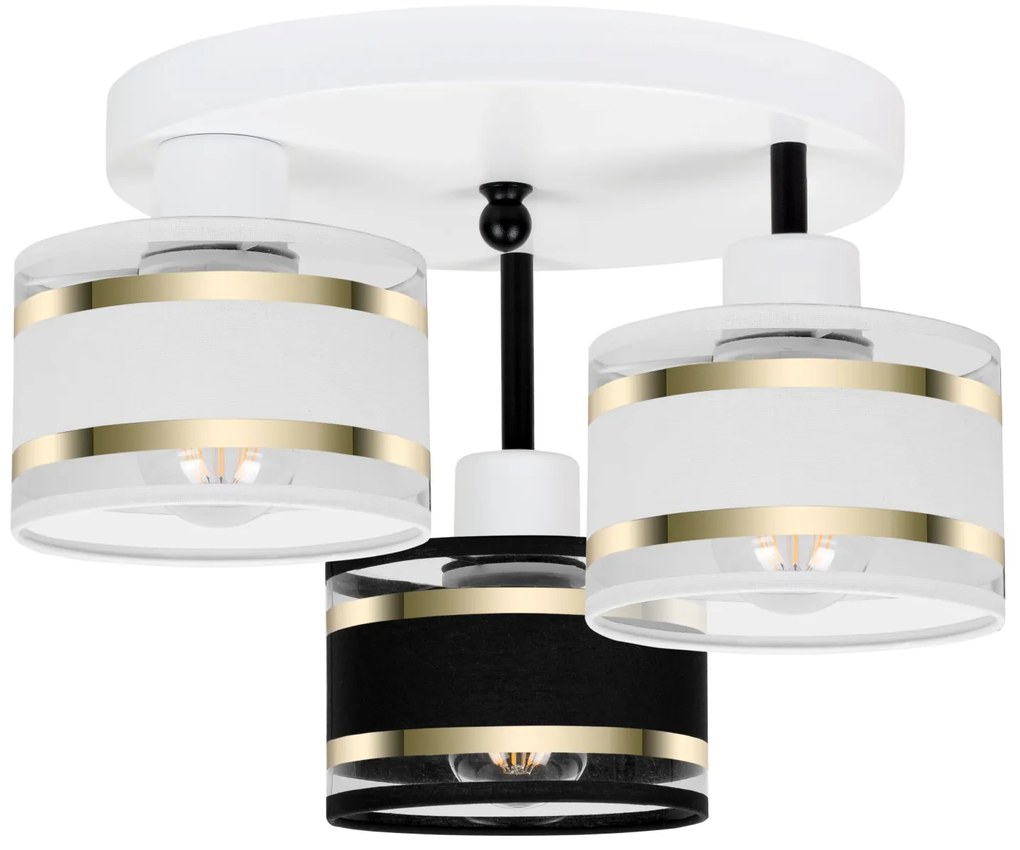 Lampa sufitowa biała trzypunktowa z czarno-białymi abażurami T-3030WE-