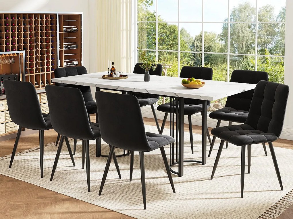 Stół jadalny i 8 krzeseł - blat z MDF, konstrukcja metalowa i poduszki z weluru - Biały i Czarny