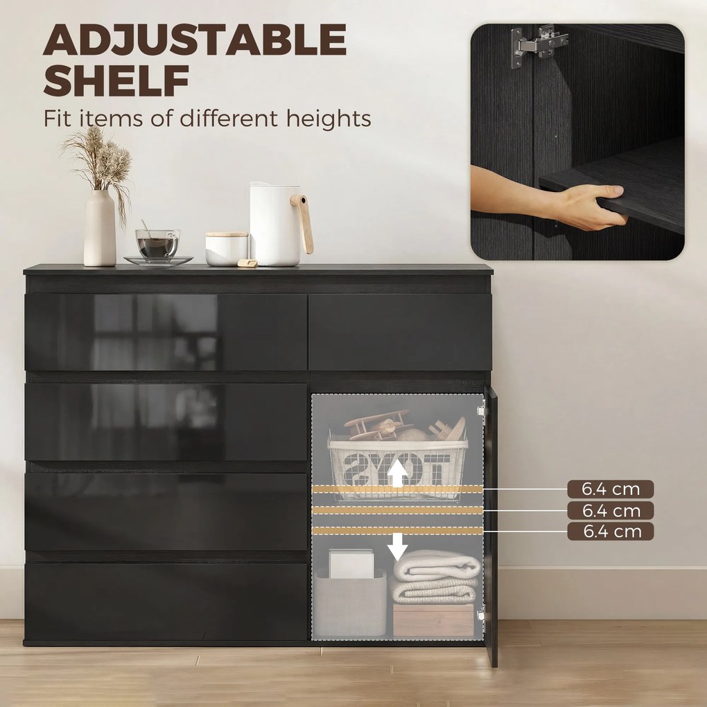 HOMCOM Nowoczesny sideboard, szafka do przechowywania z 5 szufladami, regulowaną półką, drzwiami z cichym domykiem, czarny połysk | Aosom PL