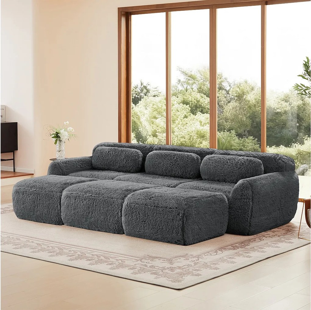 Modułowa Sofa Narożna w tkaninie pluszowej, z 3 pufami i 3 poduszkami, 291x179x73cm, Szary