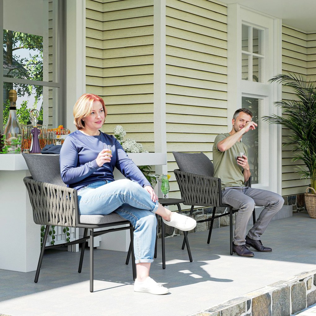 Outsunny 3-częściowy Zestaw Mebli Ogrodowych, 2 Krzesła, 1 Stół, Zestaw Bistro, Sztuczny Rattan, Rama Stalowa, Stół Metalowy, 4 Poduszki, Szary