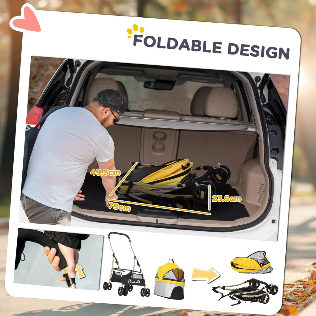 Outsunny Wózek dla Psa 2w1 Składany 1 Koszyk 1 Kieszeń Żółty do 20kg | Aosom PL