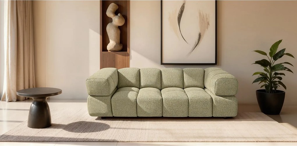 Stylowy Trzyosobowy Sofa z Tkaniny w Kolorze Musztardowym z Pikowanym Oparciem 240cm - ALVERO 3S