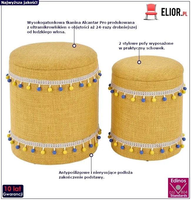 Komplet 2 żółtych puf ze schowkiem D6-F26