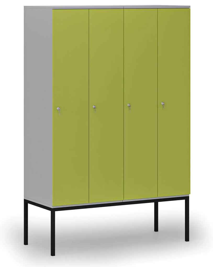 Drewniana szafa ubraniowa z podstawą, 4-drzwiowa, 1871 x 1200 x 500 mm, demontaż, zamek cylindryczny, szary/zielony