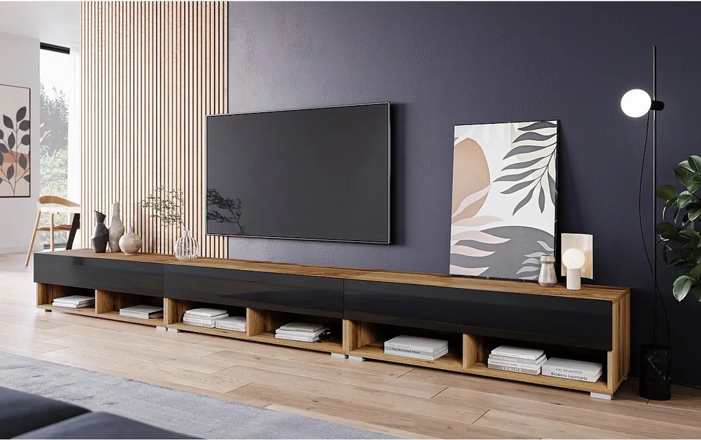 Nowoczesna szafka RTV 300 cm z LED – bezuchwytowa, korpus dąb wotan, fronty czarny połysk Polygloss, stojąca lub wisząca