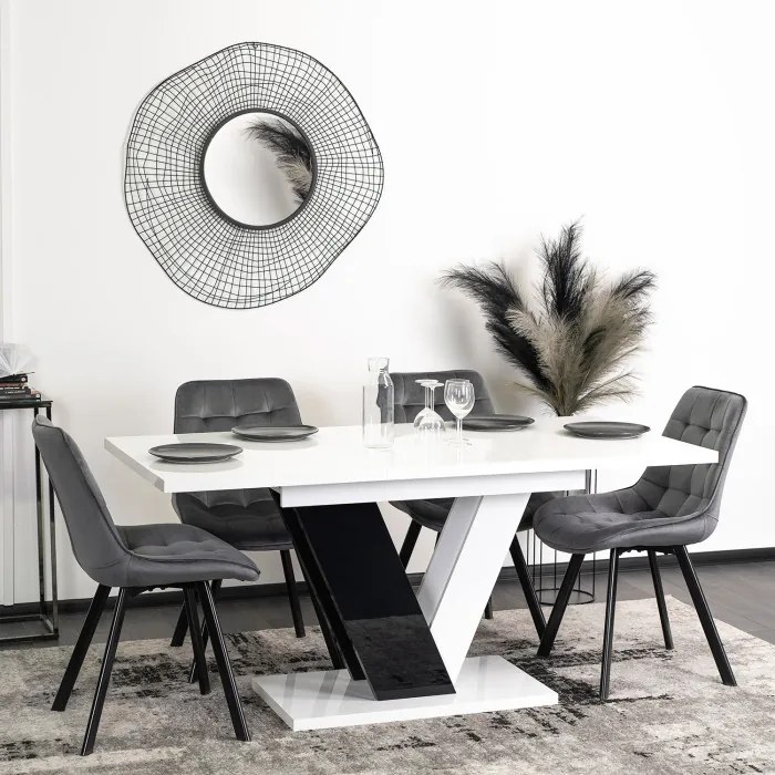 Zestaw Stół Prostokątny Rozkładany CLARK 120-160 cm Czarny/Biały Połysk i 4 Krzesła Tapicerowane do Salonu RICK Szare Welurowe