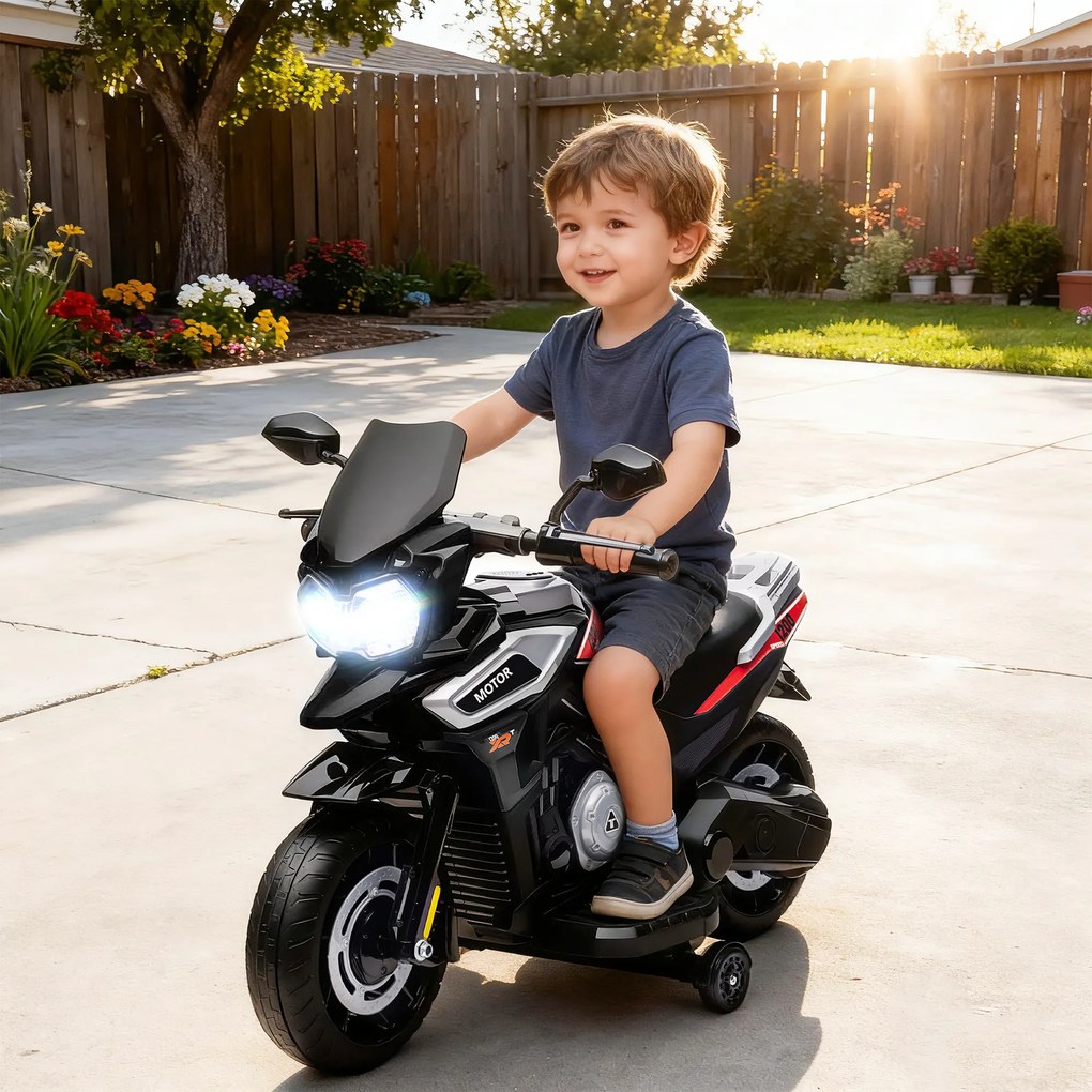 AIYAPLAY Elektryczny motocykl dla dzieci 18-36 miesięcy, pojazd do siadania, kółka pomocnicze, światła, muzyka, tworzywo sztuczne, stal, Schwarz