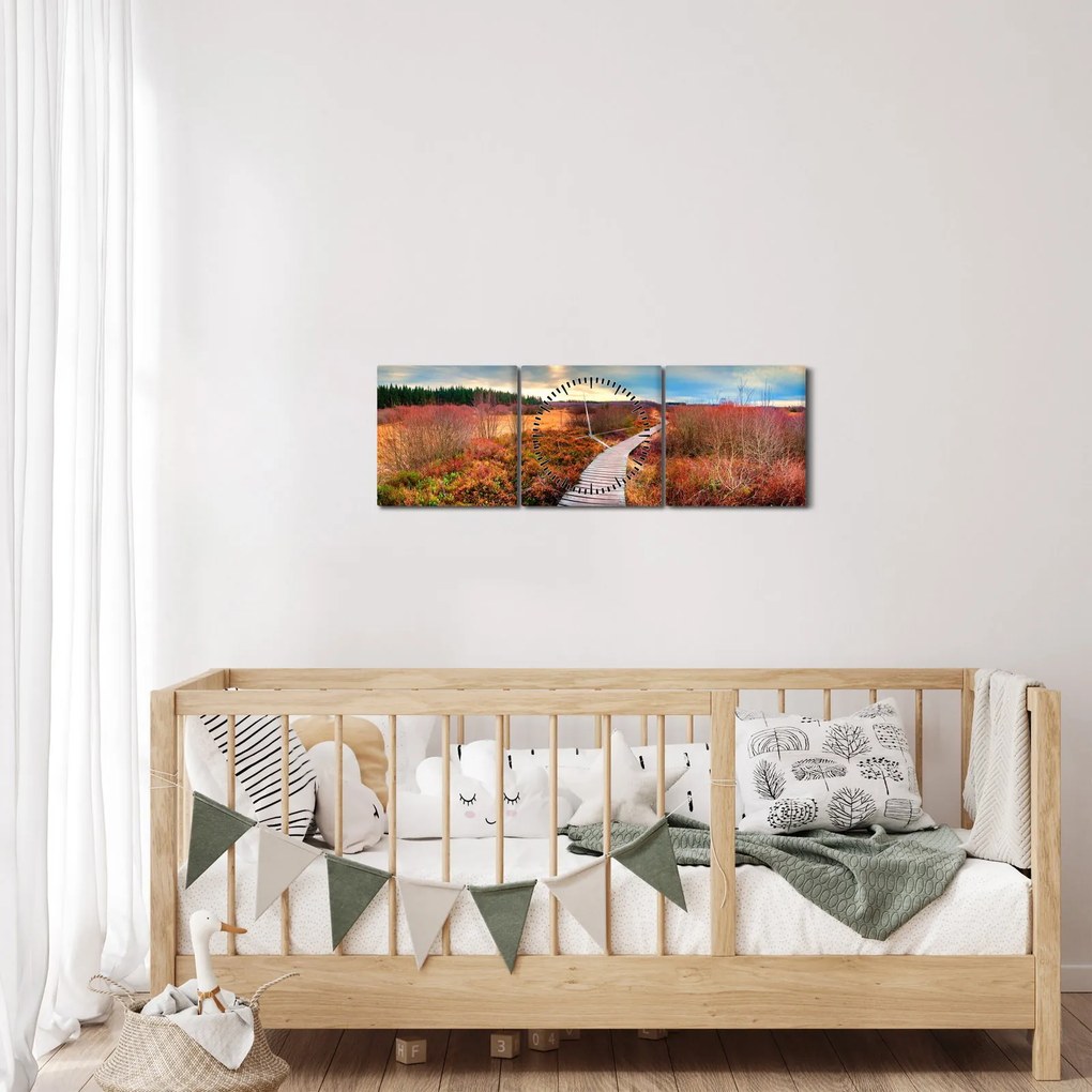 Obraz - Jesienna podróż krainą (z zegarem) (90x30 cm)