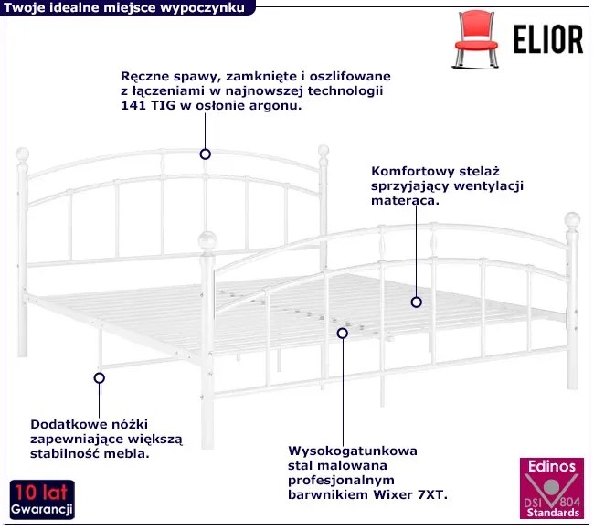 Białe metalowe łóżko małżeńskie 180x200 cm - Serafi