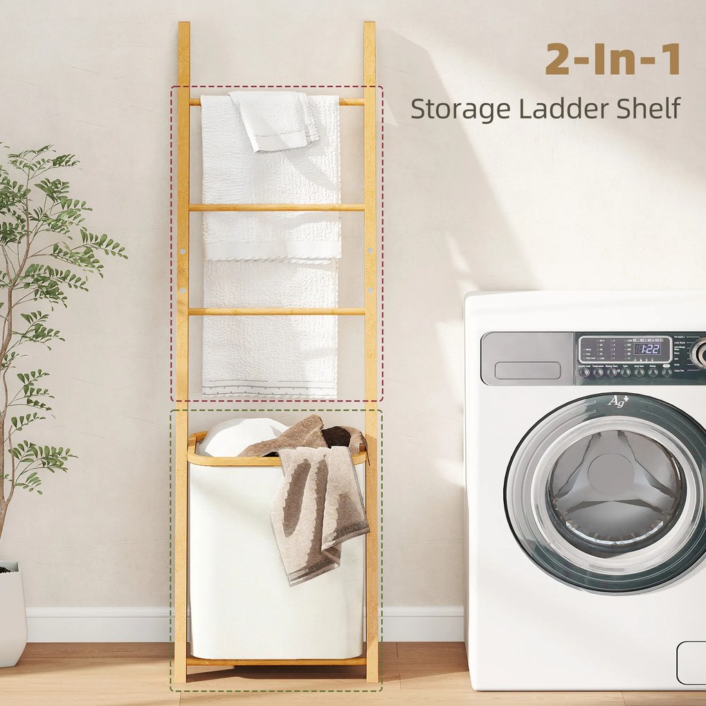 HOMCOM Regał łazienkowy, 2-w-1 z 3 drążkami, wyjmowany kosz na pranie 48L, bambusowy, 43 x 35 x 133 cm, kremowy | Aosom PL