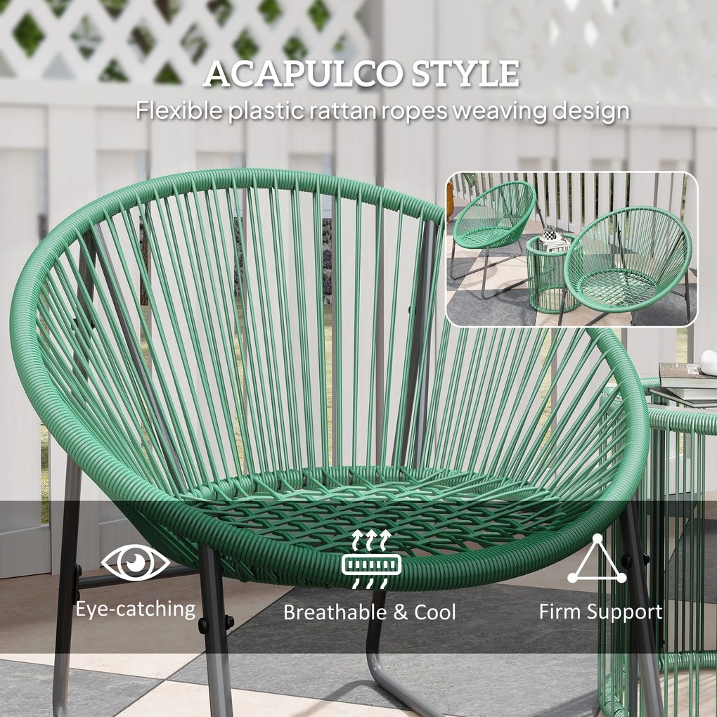 Outsunny 3-częściowy Zestaw Mebli Zewnętrznych, 1 Stół, 2 Krzesła, Blat z Szkła Hartowanego, Rattan Tworzywa Sztucznego na Stalowej Ramie, Miękkie Poduszki, Kolor Zielony