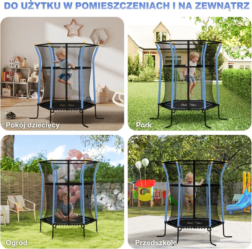 HOMCOM Trampolina dla dzieci, Ø163,5 cm, z siatką bezpieczeństwa, obicie, stal, do 50 kg, Czarny & Niebieski