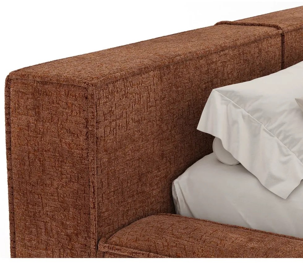 Pomarańczowe tapicerowane łóżko dwuosobowe ze schowkiem i stelażem 200x200 cm Voliera – Maison de Rêve