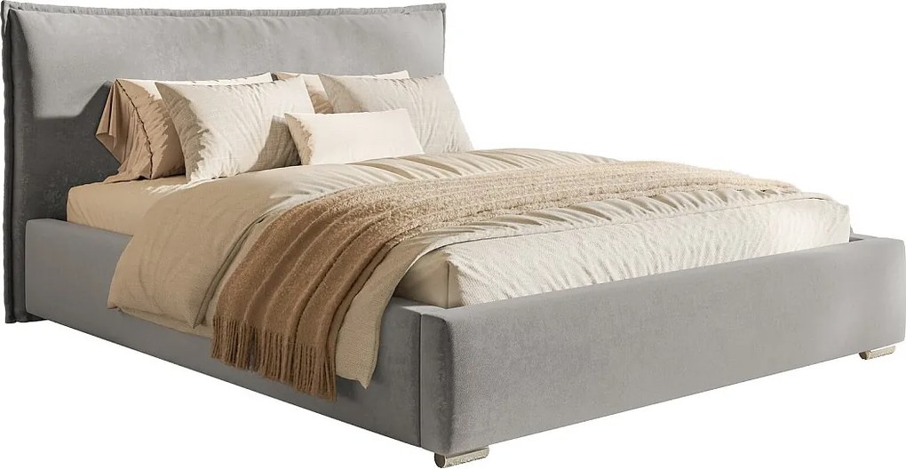 Łóżko tapicerowane 180x200 Zenito - pojemnik, stelaż metalowy, zagłowie-poduszka - jasny szary (Amor Velvet 4318)