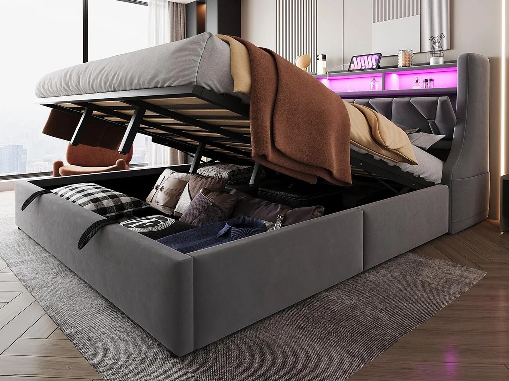 Łóżko z pojemnikiem pikowane 180 x 200 cm - Składane wezgłowie - z gniazdkiem elektrycznym - z oświetleniem LED - Welur - szary​ (materac nie jest wliczony w cenę)