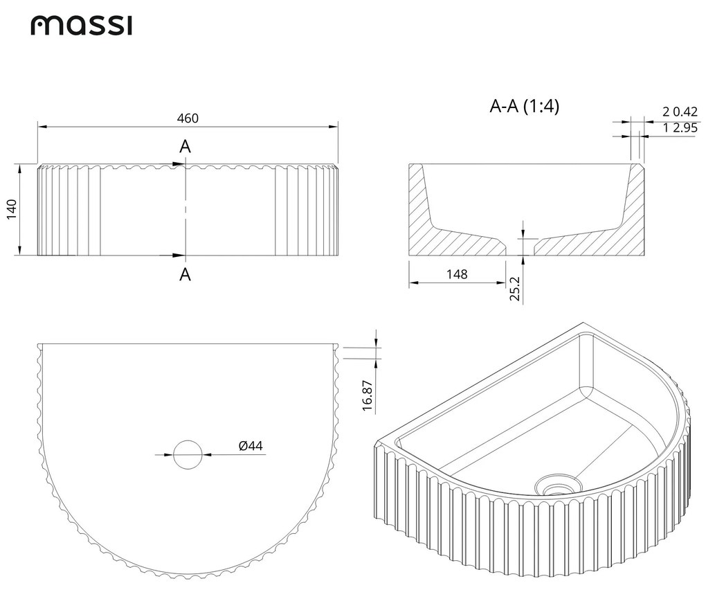 Umywalka betonowa podwieszana / nablatowa półokrągła bez otworu na baterię 45 x 36 cm MUSLIN | różne kolory : Kolor - Ceglasty, Typ montażu - podwieszana