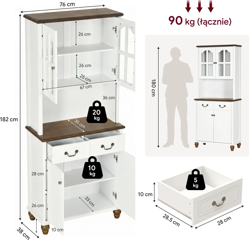 HOMCOM Szafka kuchenna z 2 szufladami, wysoki szafką z otwartą półką, szafka z witryną i funkcją Soft-Close do salonu, kuchni, 76 x 38 x 182 cm, biały