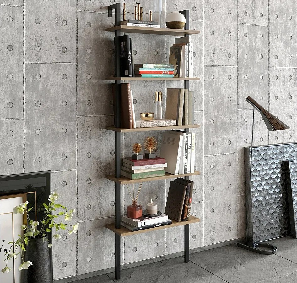 Regał przemysłowy z metalowymi nogami, orzechowy i czarny, 60 x 22 x 174 cm | powłoka melaminowa w 100%, grubość 18 mm, montaż na ścianie, w