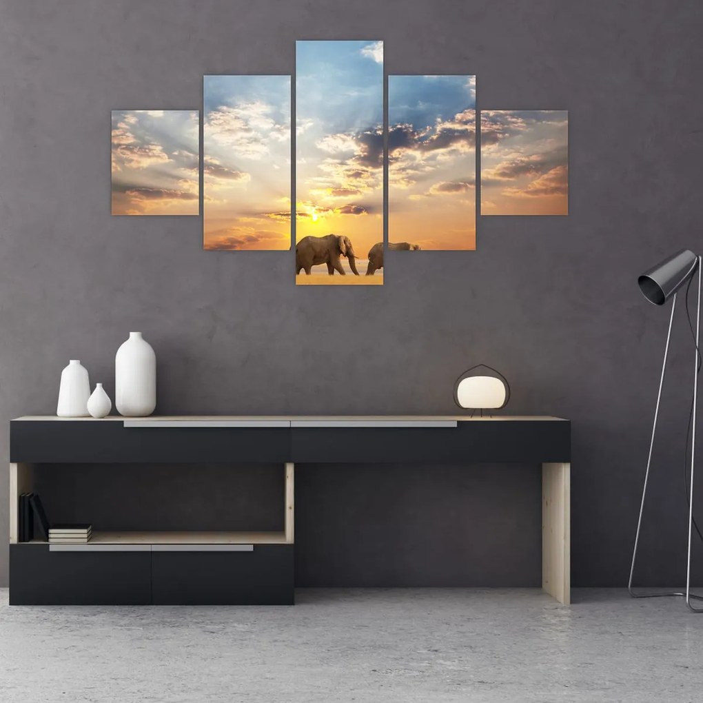 Obraz - Słonie wędrujące po sawannie (125x70 cm)