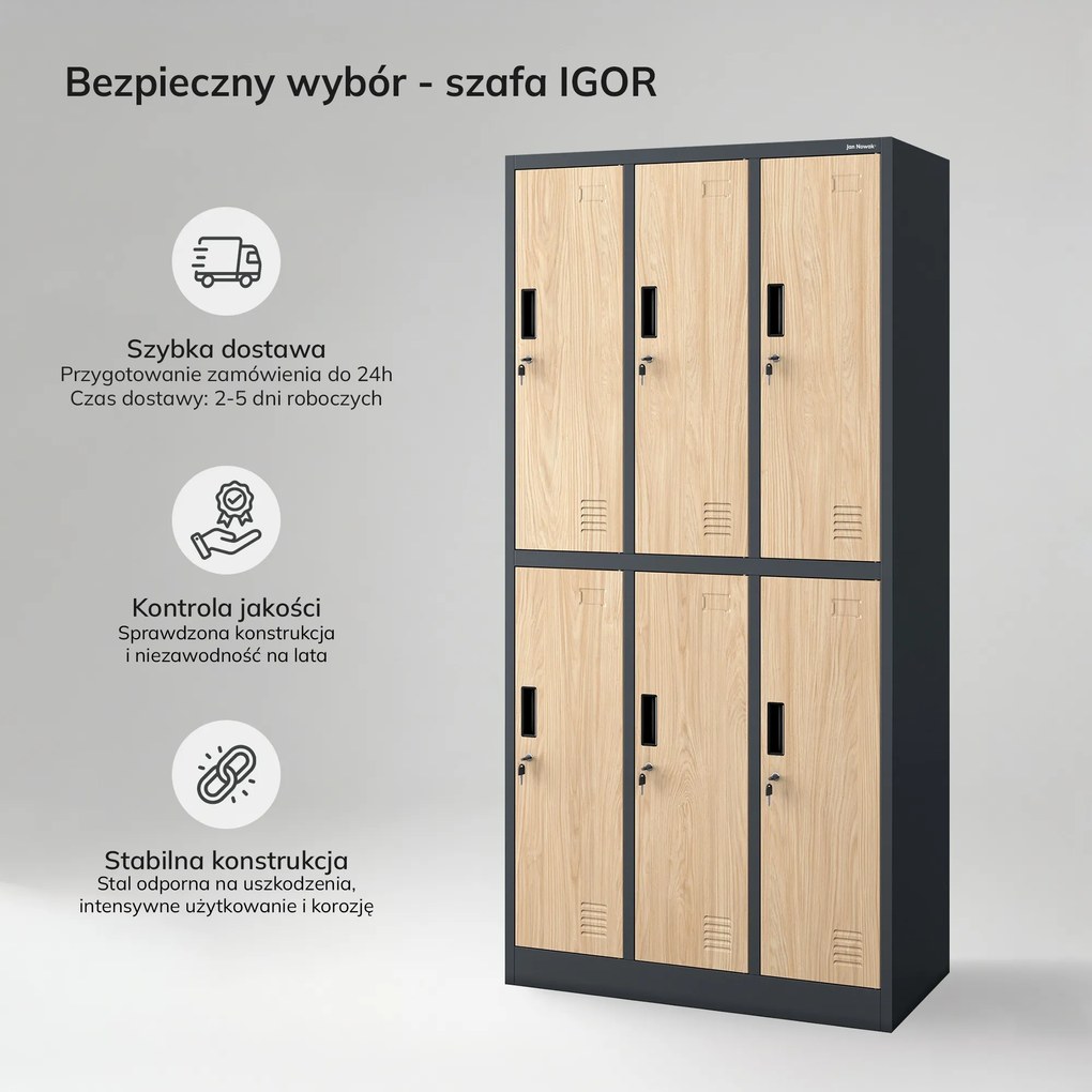 Szafa socjalna ubraniowa 6-drzwiowa antracytowa/dąb sonoma, 900x1850x450 mm: IGOR Eco Design